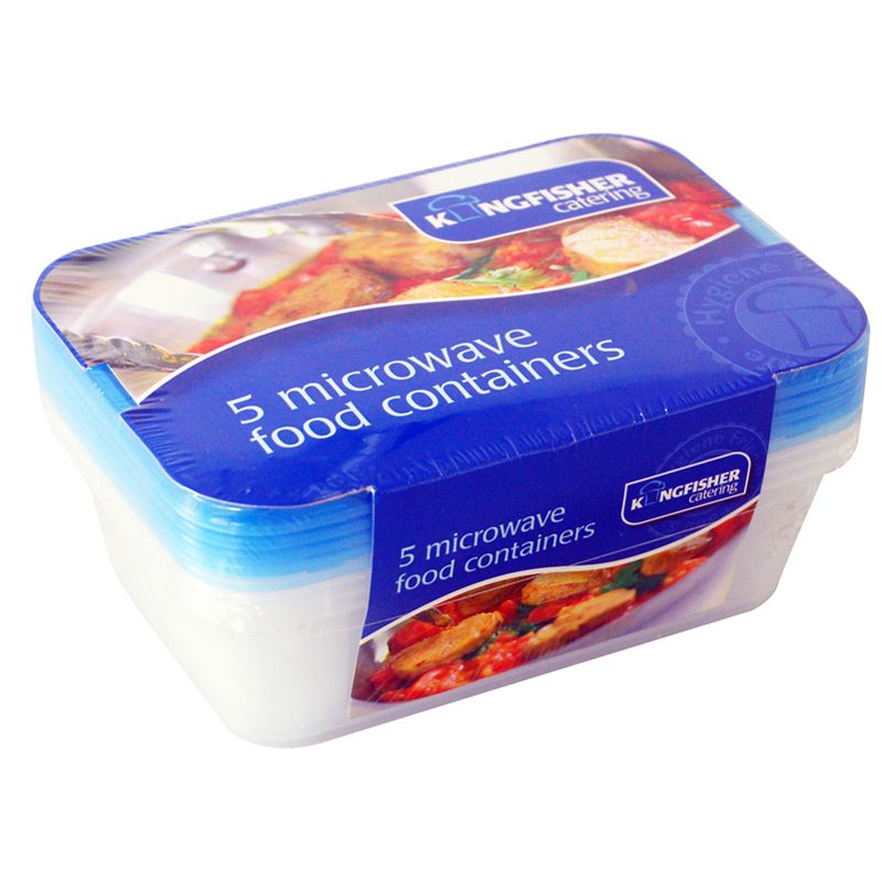 5 x Plastic Food Containers Rectangle 650ml - Clear & Blue by Kingfisher
