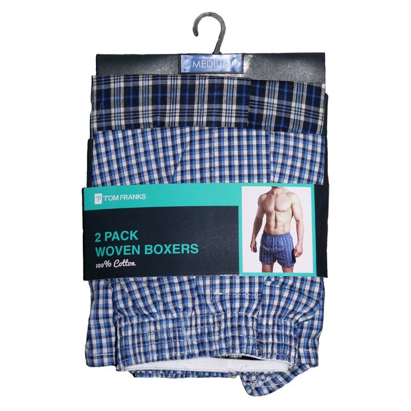2 Pack Mens Woven Boxer Shorts - Blue Check Small