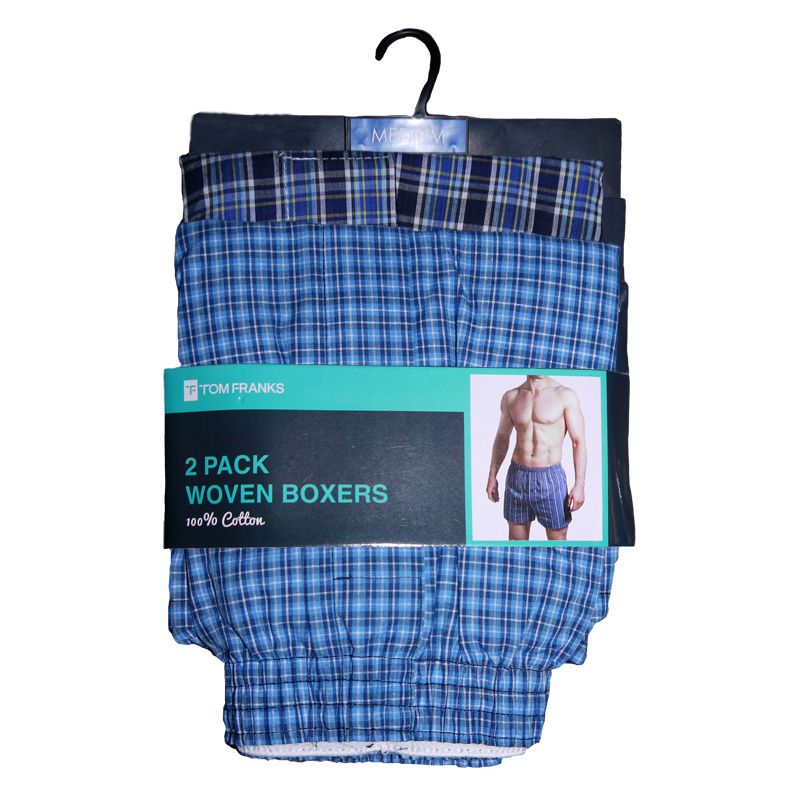 2 Pack Mens Woven Boxer Shorts - Blue Tartan  X Large