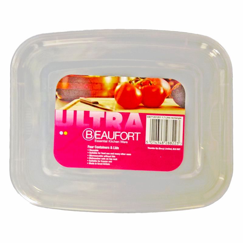 4 x Plastic Food Containers Rectangle 1.7 Litres - Clear by Beaufort