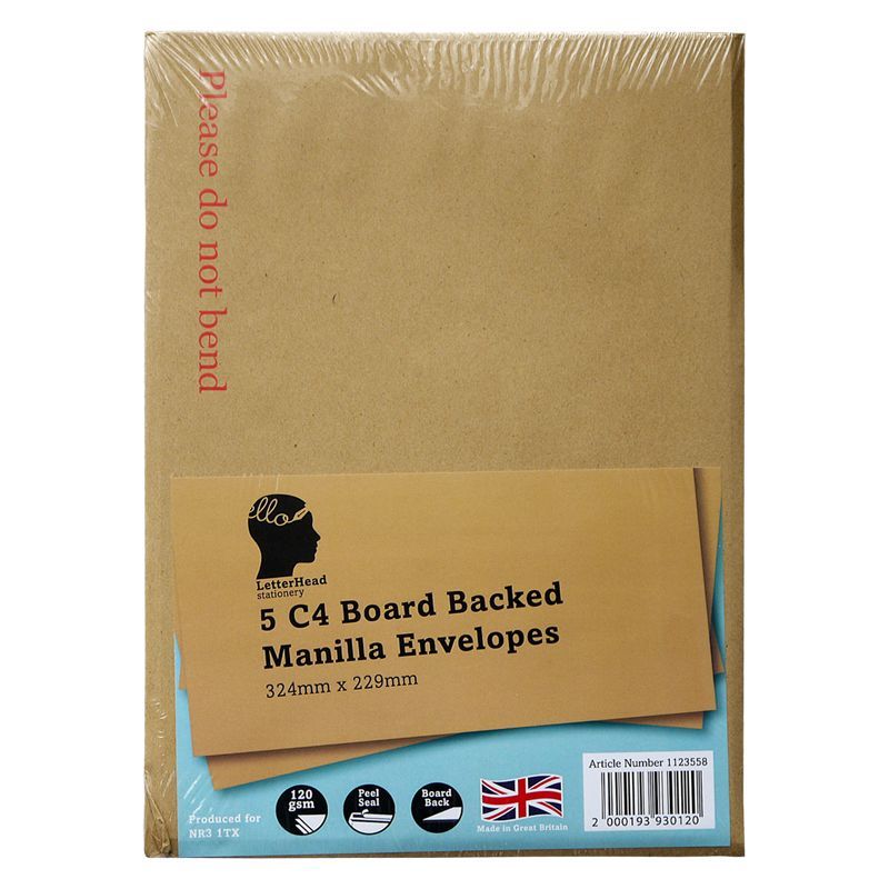 5 Pack Manilla Board Backed Envelopes C4