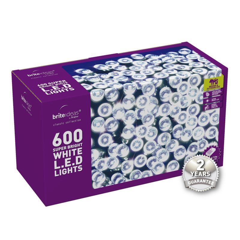600 Bright White LED Christmas lights with a 2 year Guarantee.