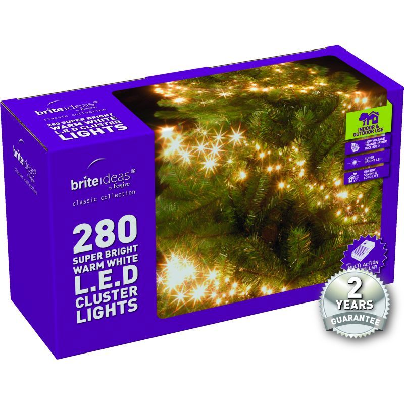 280 Cluster Warm White LED Christmas lights with a 2 year Guarantee.