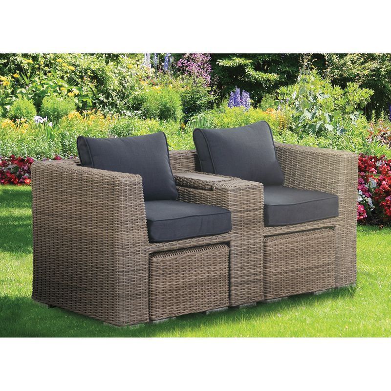 Lincoln Rattan Wicker Tete a Tete and Foot Stool