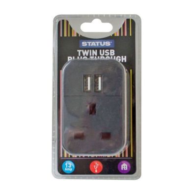 13 Amp Black Twin USB Plug Through Adaptor from QD Stores