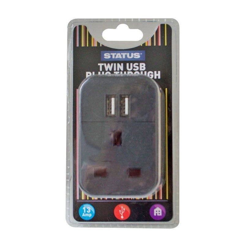 13 Amp Black Twin USB Plug Through Adaptor