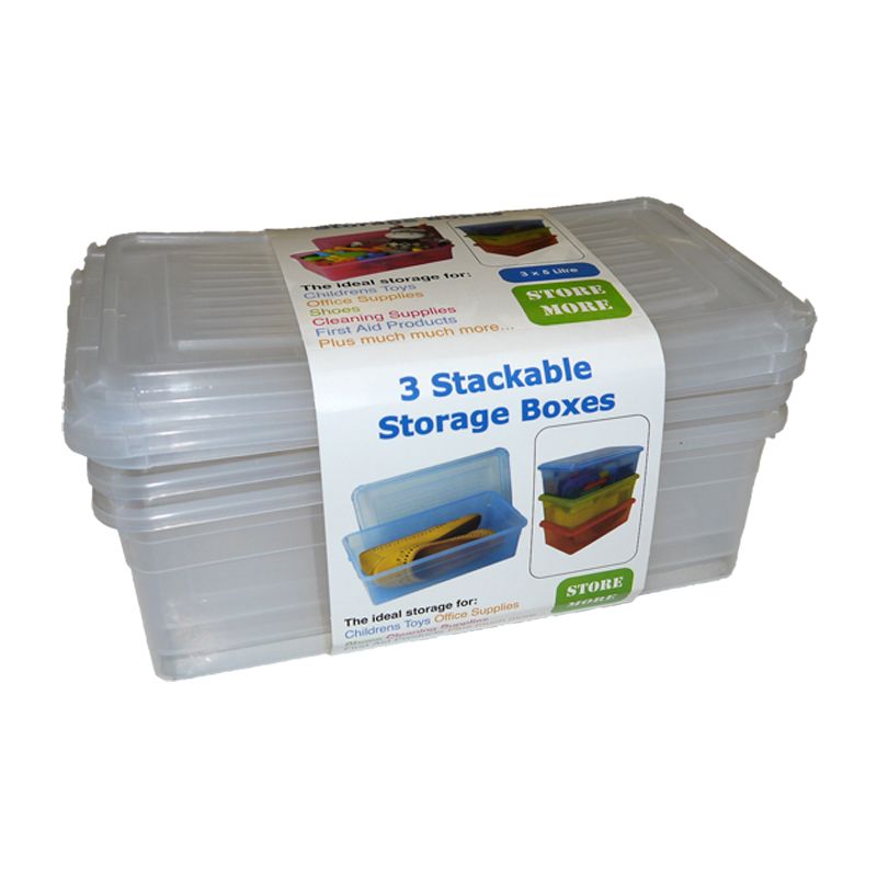 5L Pack 3 of Premier Stacking Plastic Storage Boxes Clear