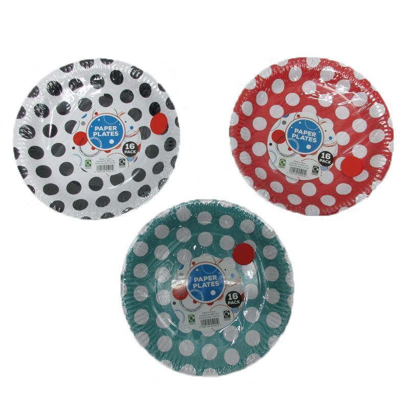 16 Pack of Paper Plates - Red with White Spots