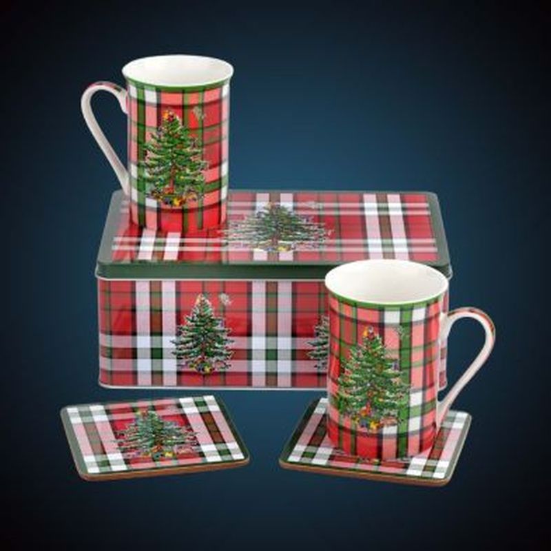 Christmas Tree Tartan Mugs & Coasters in Tin