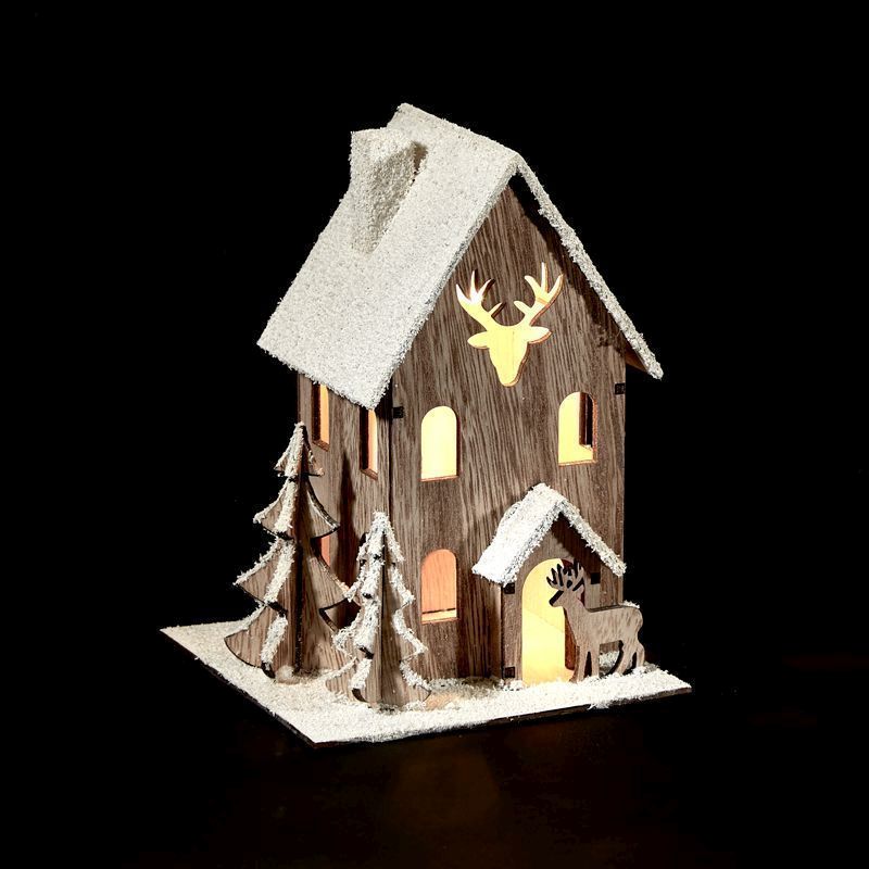 Wooden House Ornament With Snow Effect and 3 Warm White LED Lights