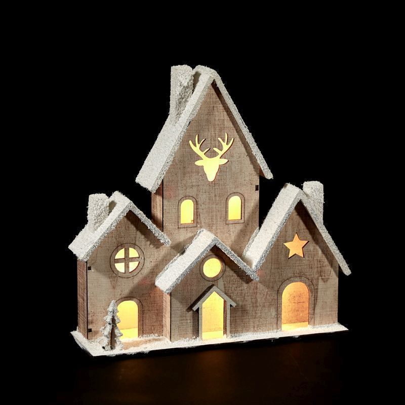 6 LED Warm White Indoor Wooden House Winter Ornament Battery