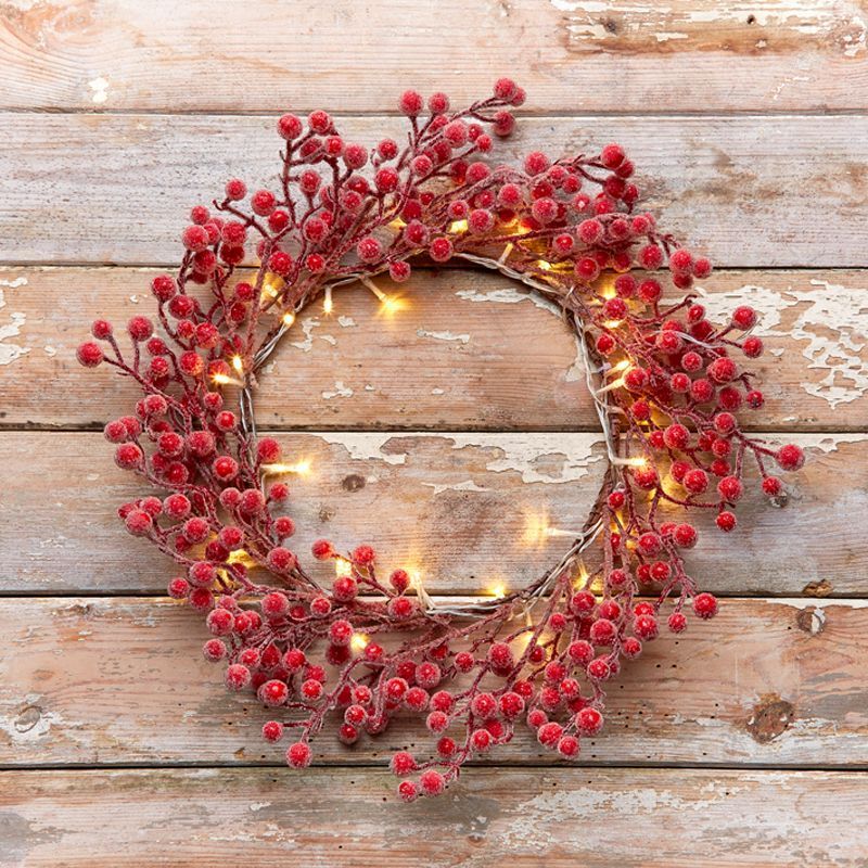 30 LED Warm White Red Berry Winter Wreath 35cm