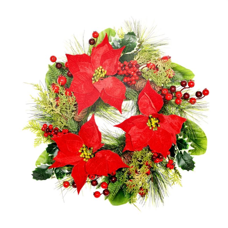 Wreath Christmas Decoration Green & Red with Poinsettia Pattern - 50cm 