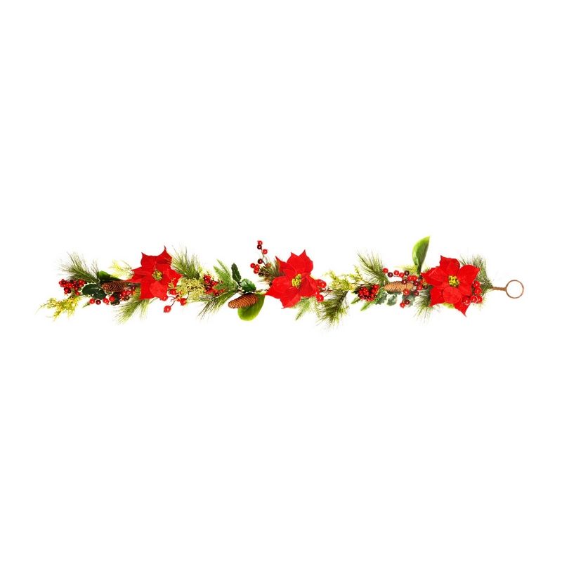 Garland Christmas Decoration Green & Red with Pinecones & Poinsettia Pattern - 150cm 