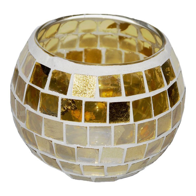 Coloured Mosaic Glass Candle Holder (10.5cm x 8cm) - Golds