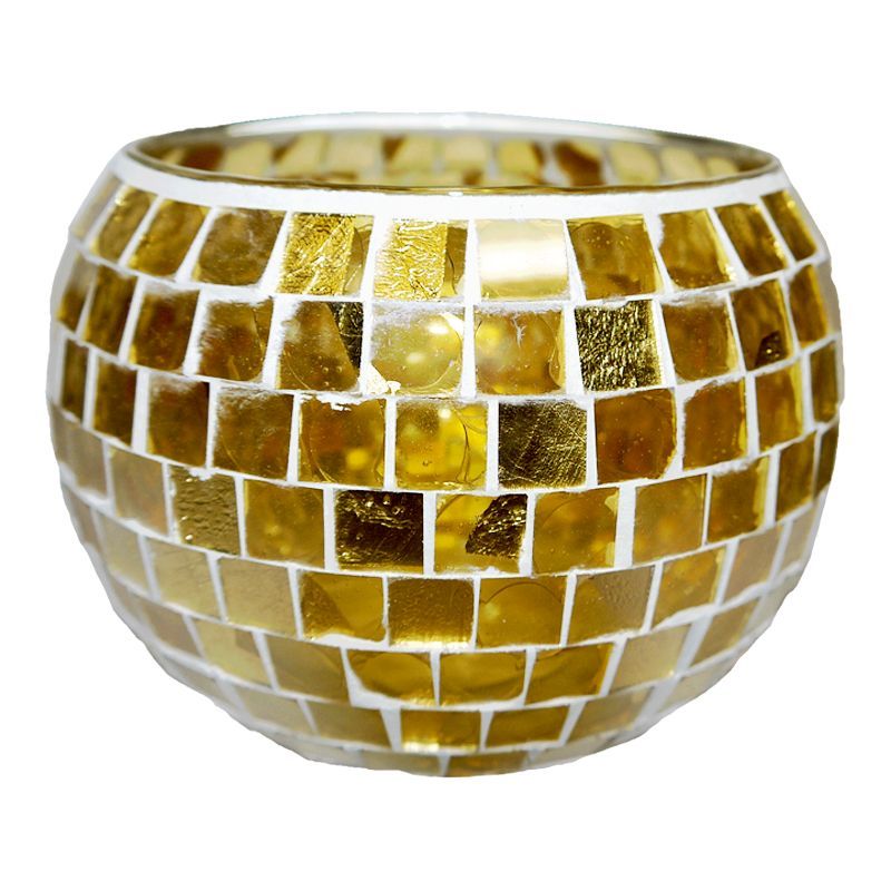 Coloured Mosaic Glass Candle Holder (16cm x 11.5cm) - Golds