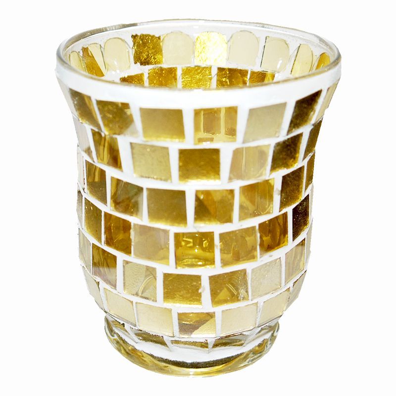 Coloured Mosaic Glass Candle Holder (9.5cm x 11cm) - Golds