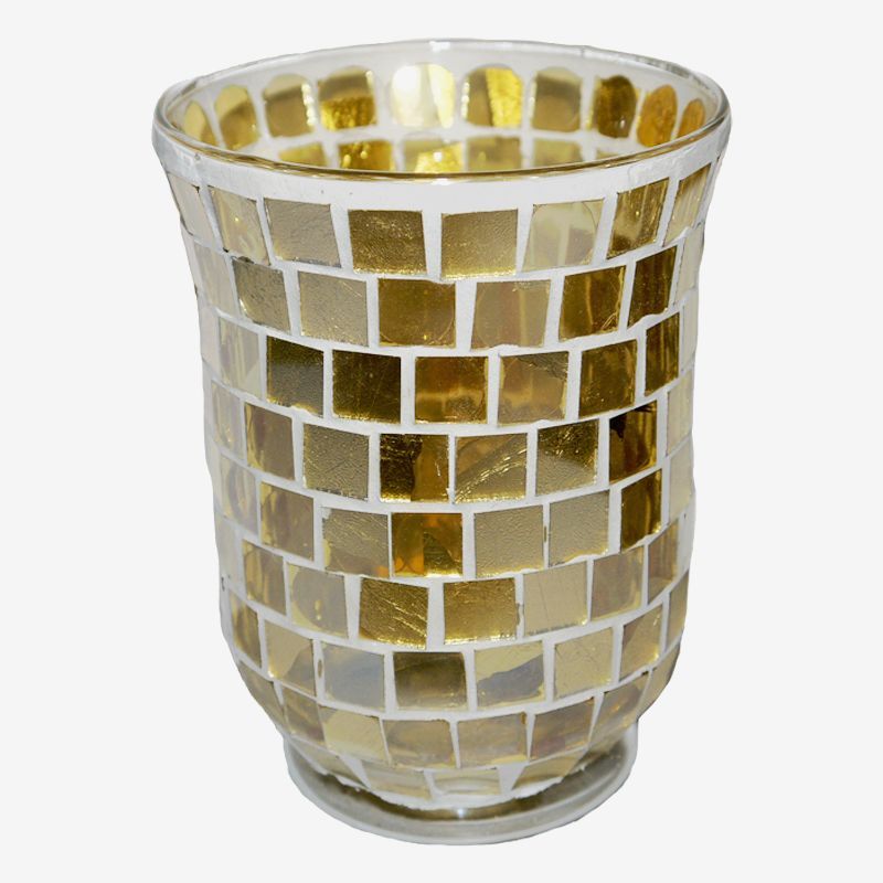 Coloured Mosaic Glass Candle Holder (11cm x 15cm) - Golds
