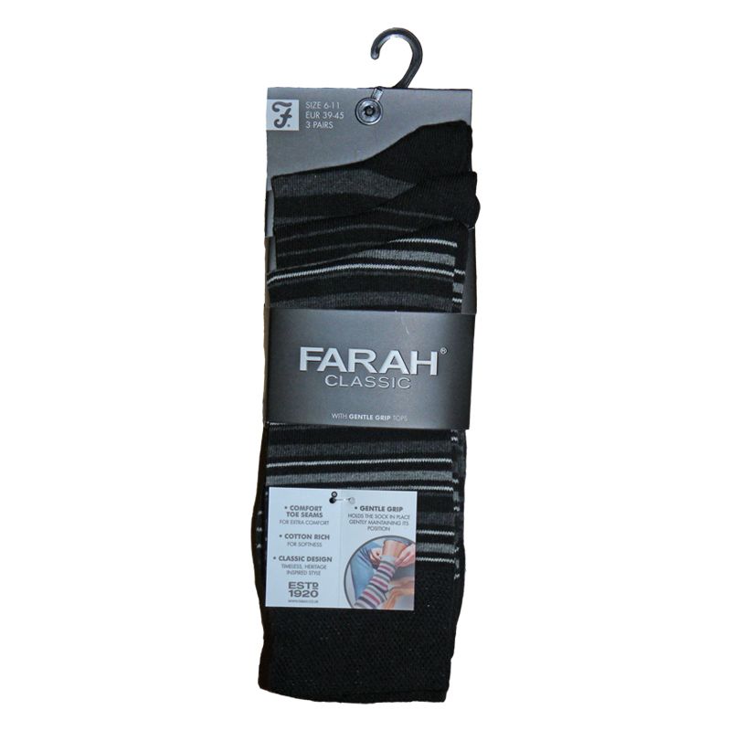 3 Pack Mens Black & Charcoal Classic Stripe Socks