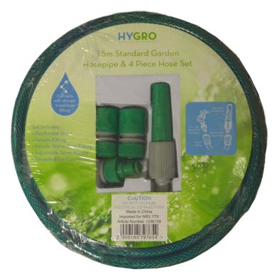 Product photograph of Hygro 15m Standard Garden Hosepipe 4 Piece Hose Set from QD stores