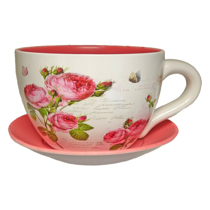 Decorative Tea Cup Planter Pink Rose