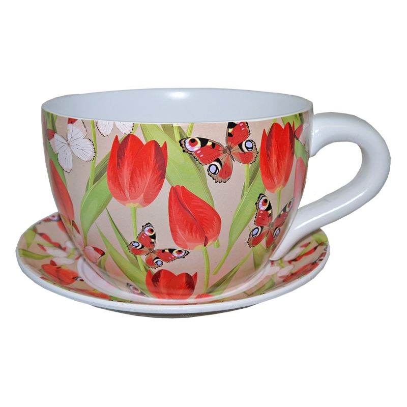 Decorative Tea Cup Planter Red Tulip