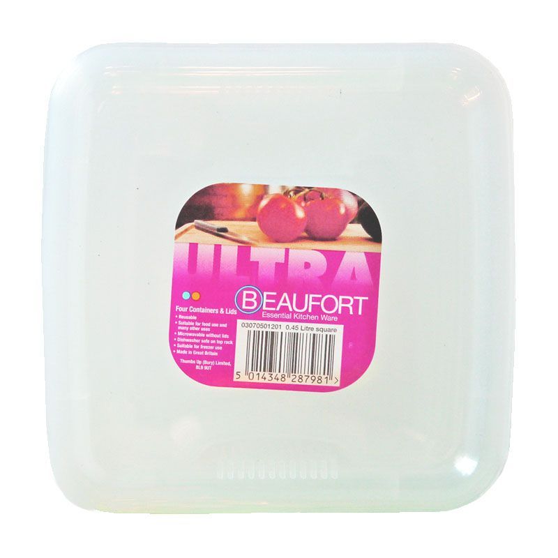 4 x Plastic Food Containers Square 450ml - Clear by Beaufort
