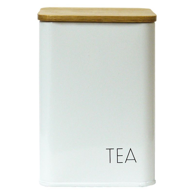 Tea Square Storage Jar With Bamboo Lid White With Black Text