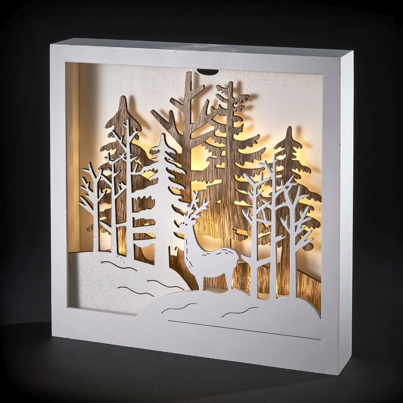 LED Warm White Stag In The Forest Square Picture Light Battery 25x25cm