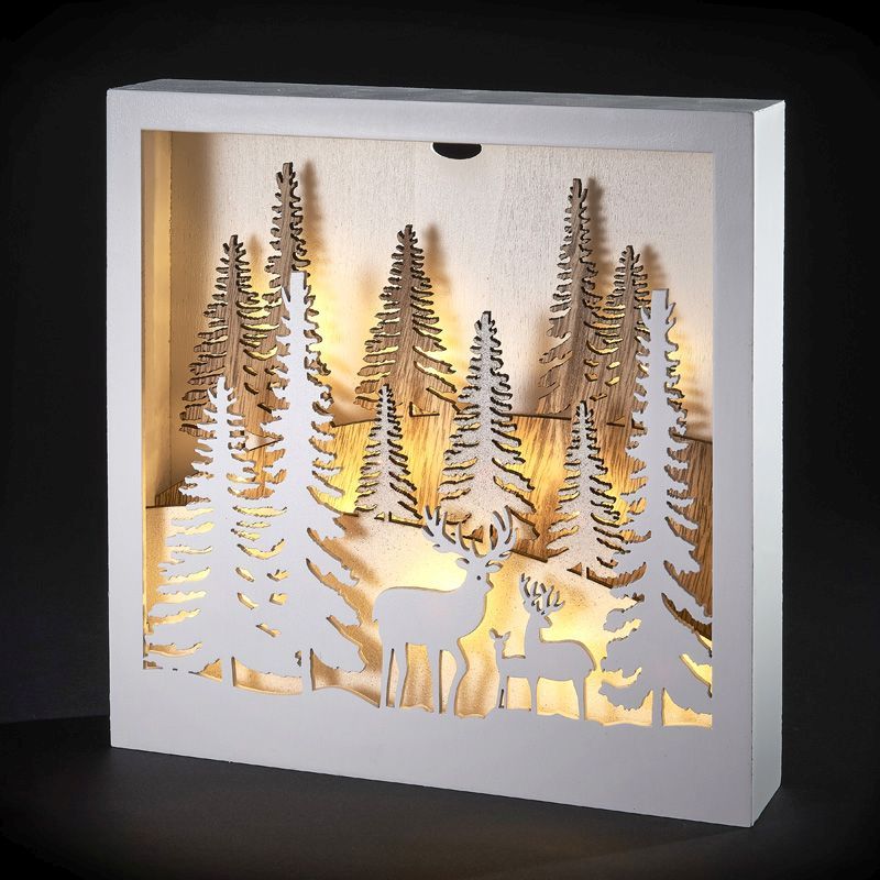 LED Warm White 3 Stag Forest Square Picture Light Battery 25cm