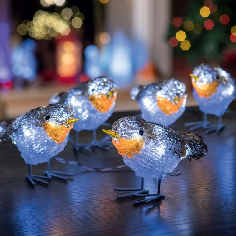 LED Ice White Outdoor Robin Decorative Light Set of Five Mains 8.5cm