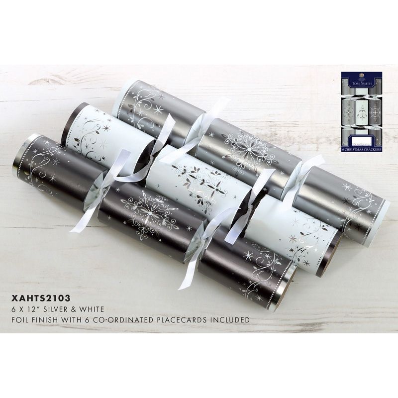 6 Christmas Crackers 12 Inch - Silver & White