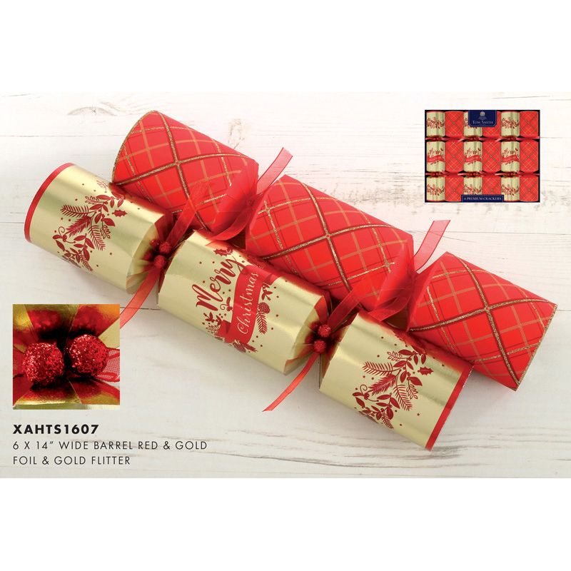 6 Premium Christmas Crackers 14inch - Red & Gold