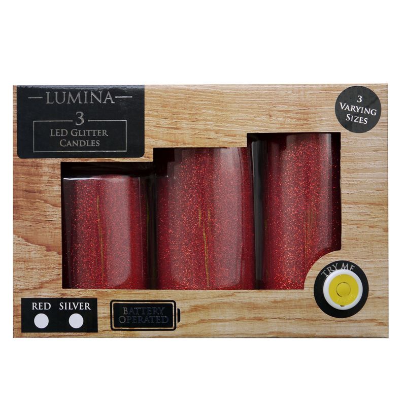 3 Pack Led Glitter Finish Candles Red 