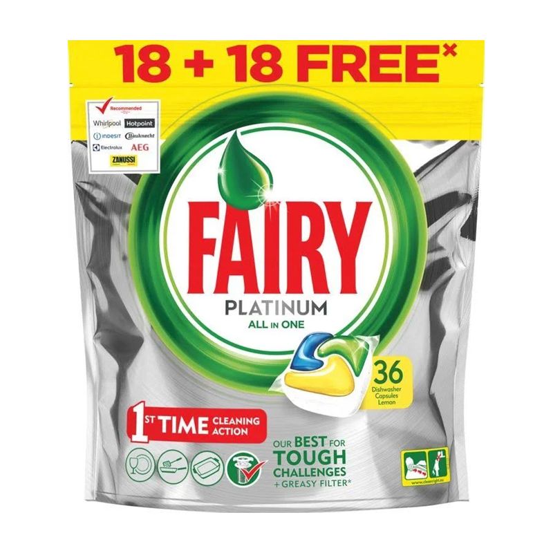 Fairy Platinum All In One Dishwasher Tablets Lemon 18 +18 Free Wash