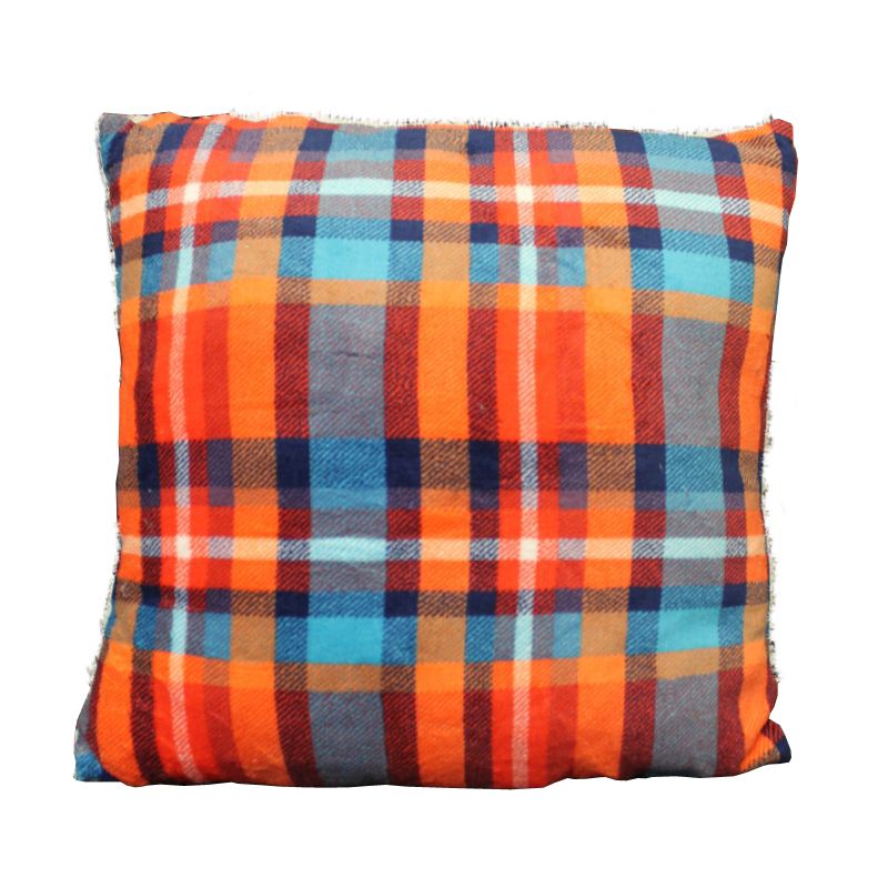 Sherpa Fleece & Tartan Cushion 50 x 50cm Orange & Blue