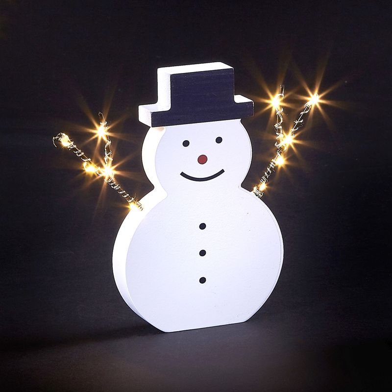 10 LED White Light Up Snowman Wooden & Metal Figure 17cm