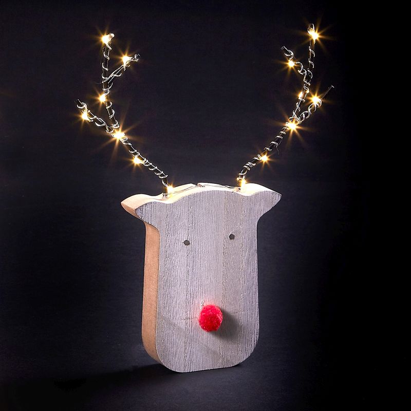 14 LED White Light Up Rudolph Wooden & Metal Face 19cm