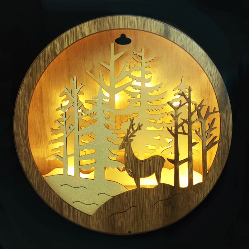 10 LED Round Hanging Wooden Forest Themed Picture Frame Light 25cm