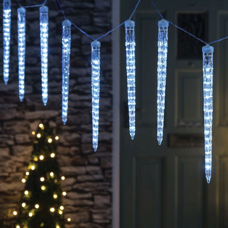 LED White Outdoor Long Icicle Rainfall Lights Battery 2.7m
