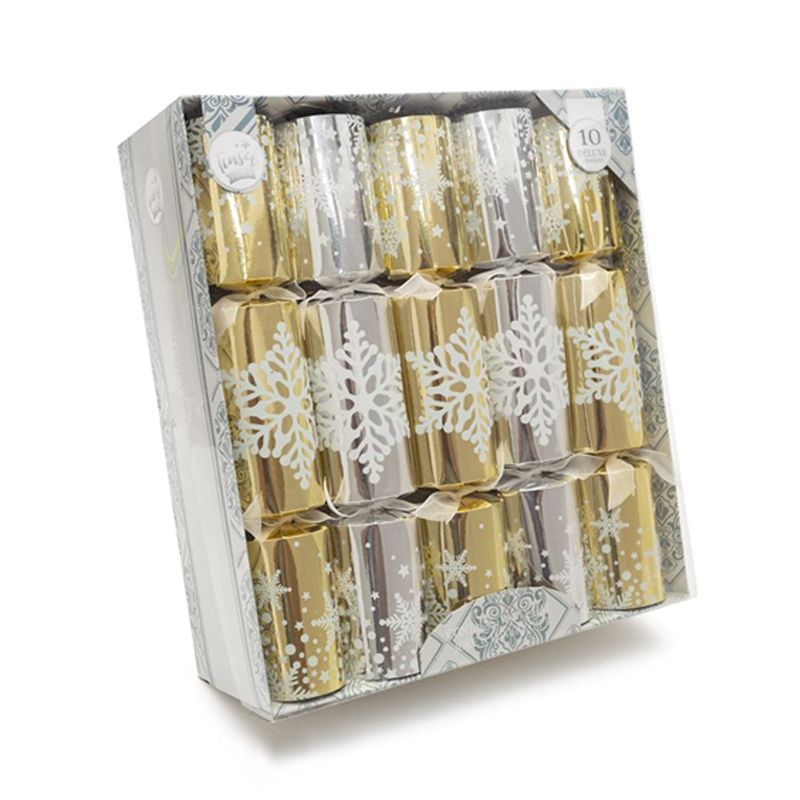 10 Deluxe Christmas Crackers 14 Inch - Gold & Silver Snowflakes