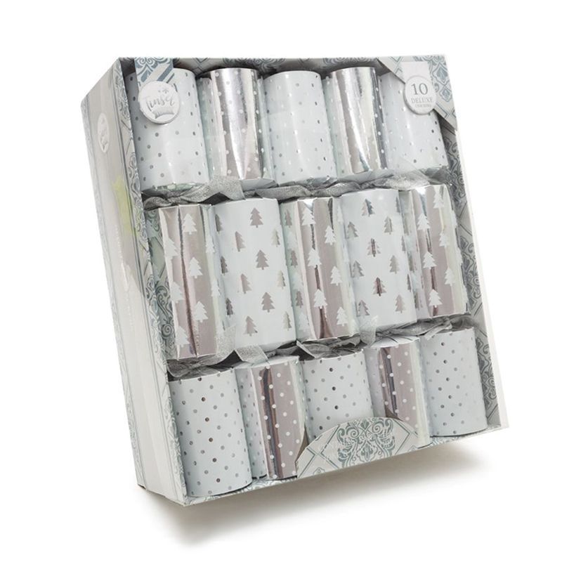 10 Deluxe Christmas Crackers 14 Inch - White & Silver Trees