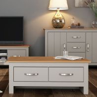 See more information about the Livingston Coffee Table Grey & Oak 2 Drawer