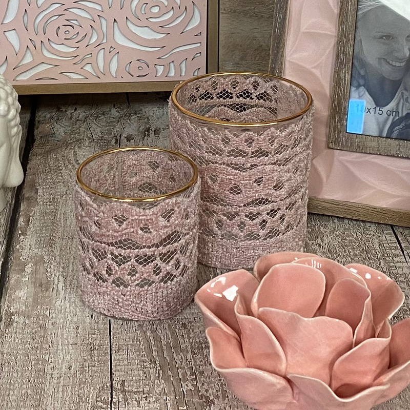 Bloom Glass Candle Holder Pink Lace Large