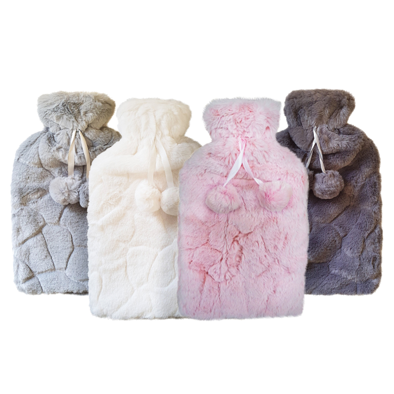 Hot Water Bottle With Pepple Fur Cover White