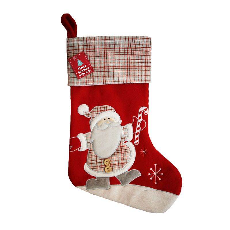 Red Fleece Xmas Stocking Grey Jute Santa