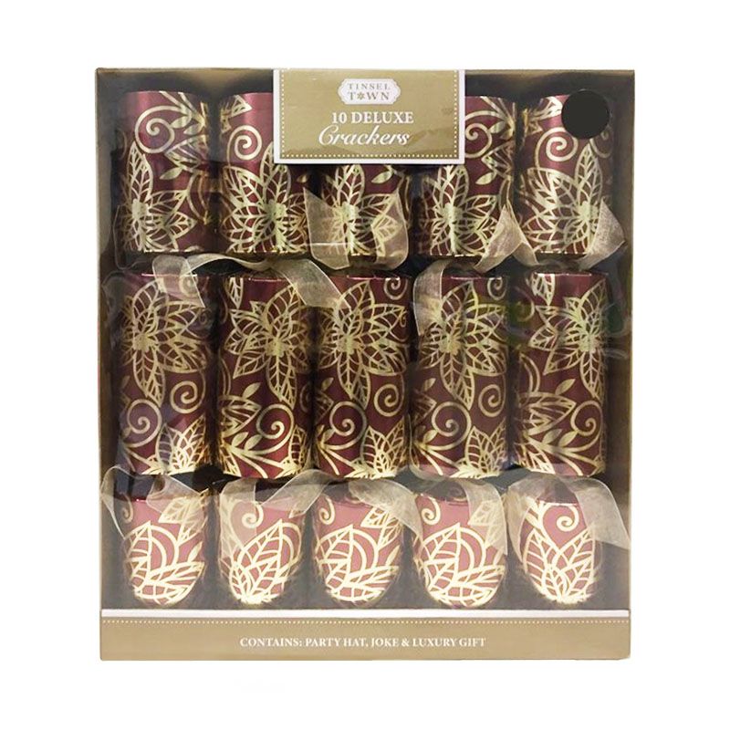Red & Gold Floral Deluxe Christmas Crackers 10 Pack