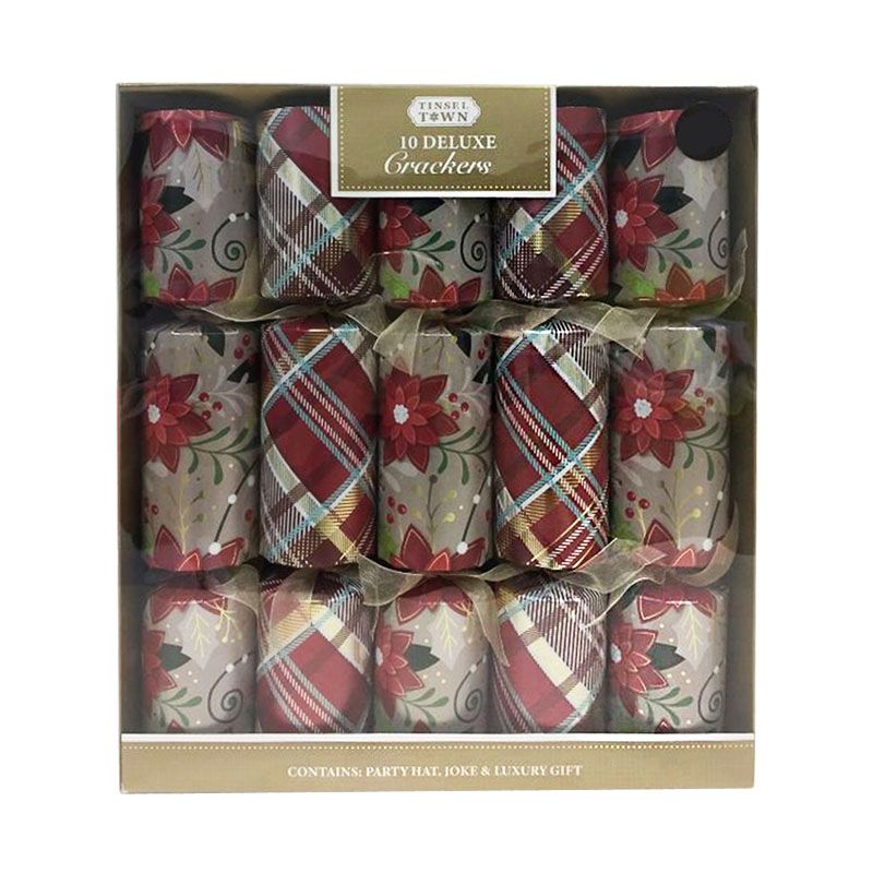 Tartan & Poinsettia Deluxe Christmas Crackers 10 Pack