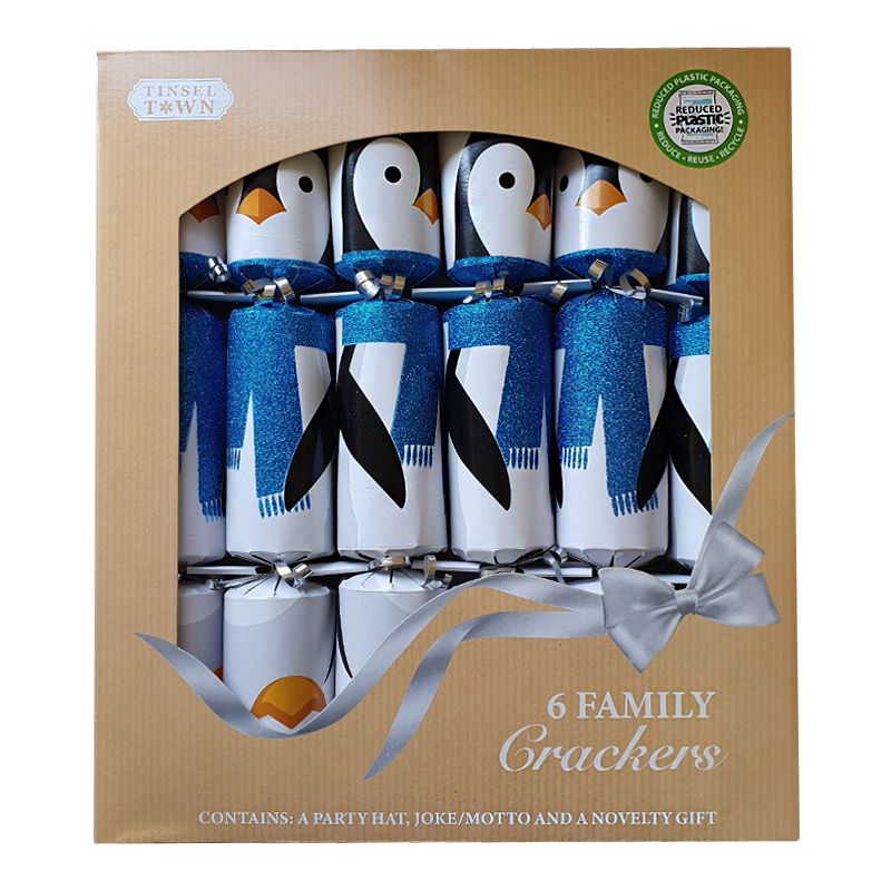Blue Penguins Party Christmas Crackers 6 Pack
