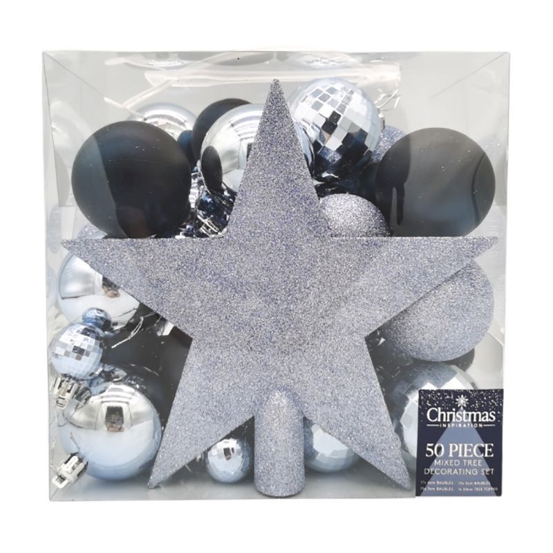 50 x Christmas Tree Baubles Decoration Silver & Blue - Various Sizes by Christmas Inspiration
